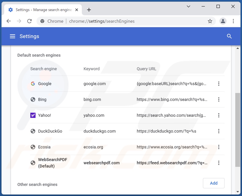 Removing websearchpdf.com from Google Chrome default search engine