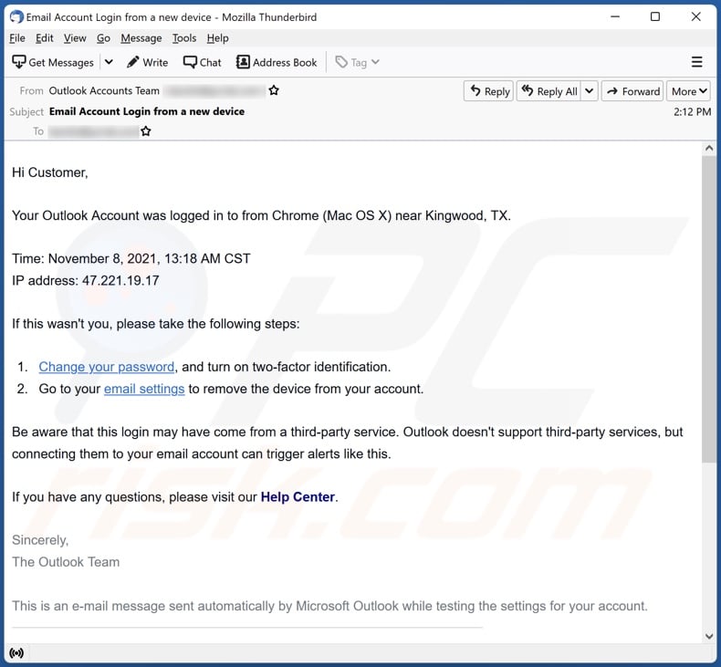 Your Outlook Account was logged in email spam campaign