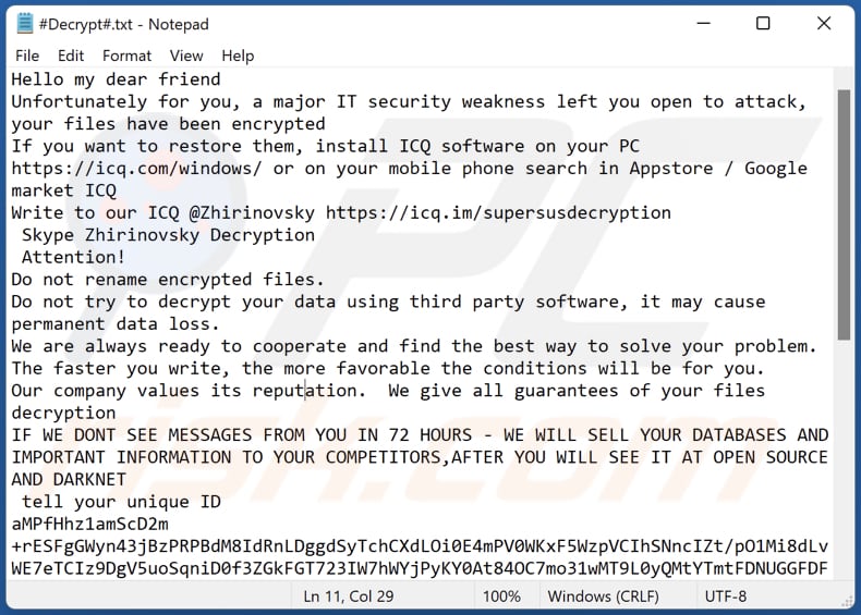 Zhirinovsky ransomware text file (#Decrypt#.txt)