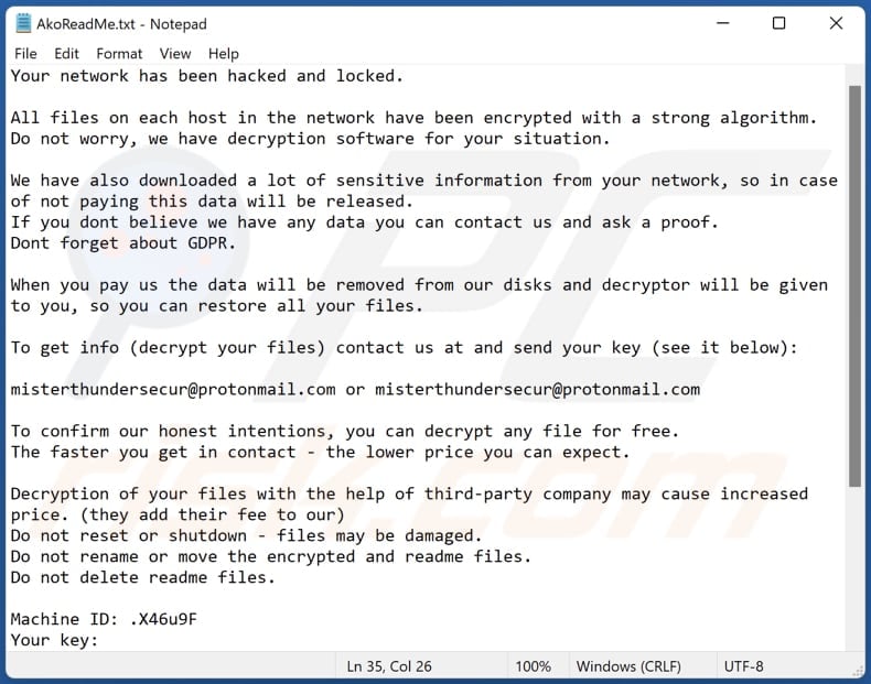 ako ransomware ransom note akoreadme txt file