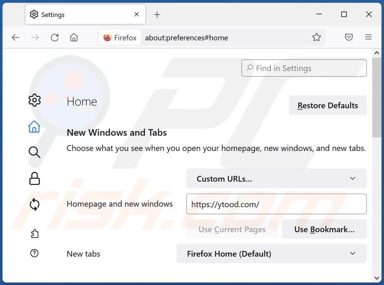 Removing ytood.com from Mozilla Firefox homepage