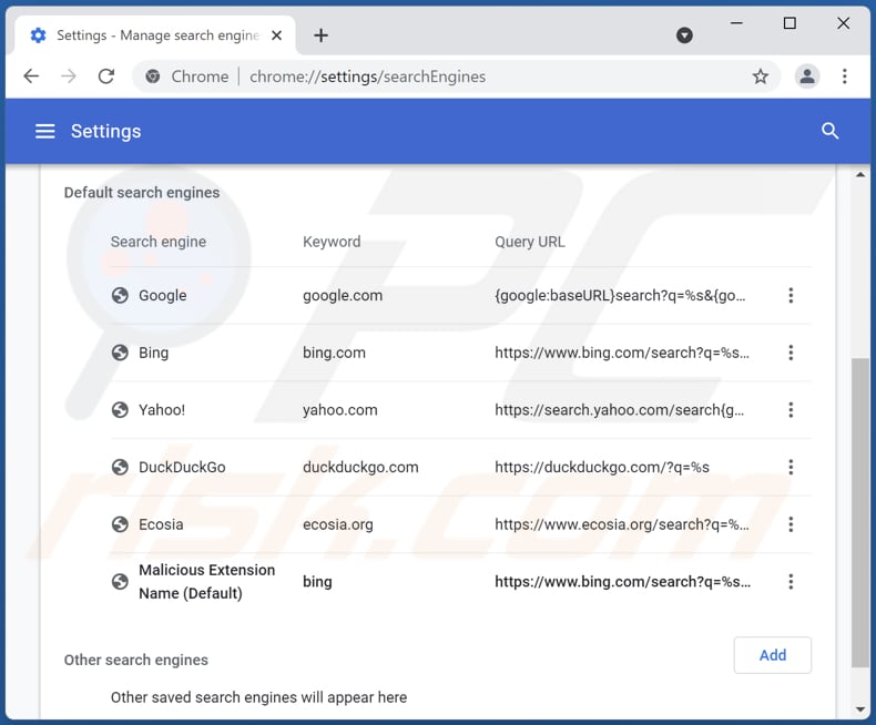 Removing bing.com from Google Chrome default search engine