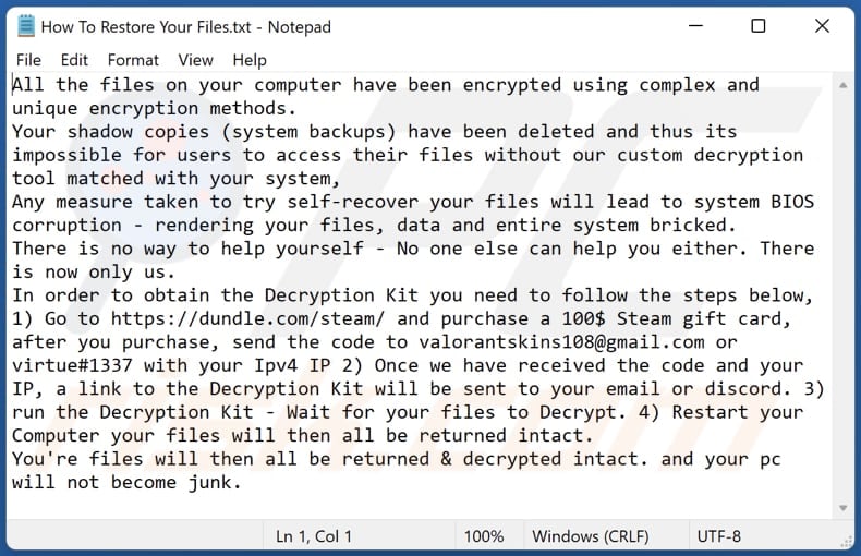 Blastoise ransomware text file (How To Restore Your Files.txt)