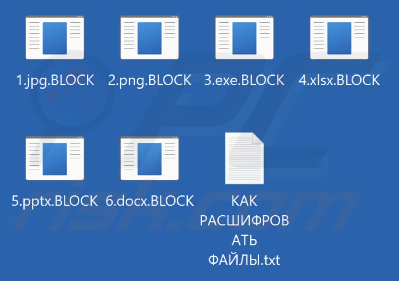 Files encrypted by BLOCK ransomware (.BLOCK extension)