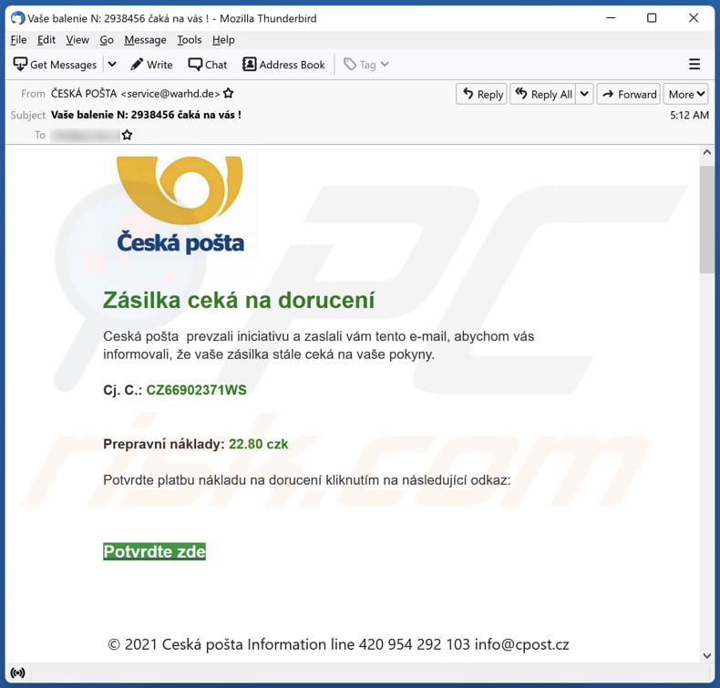 Česká Pošta email scam email spam campaign