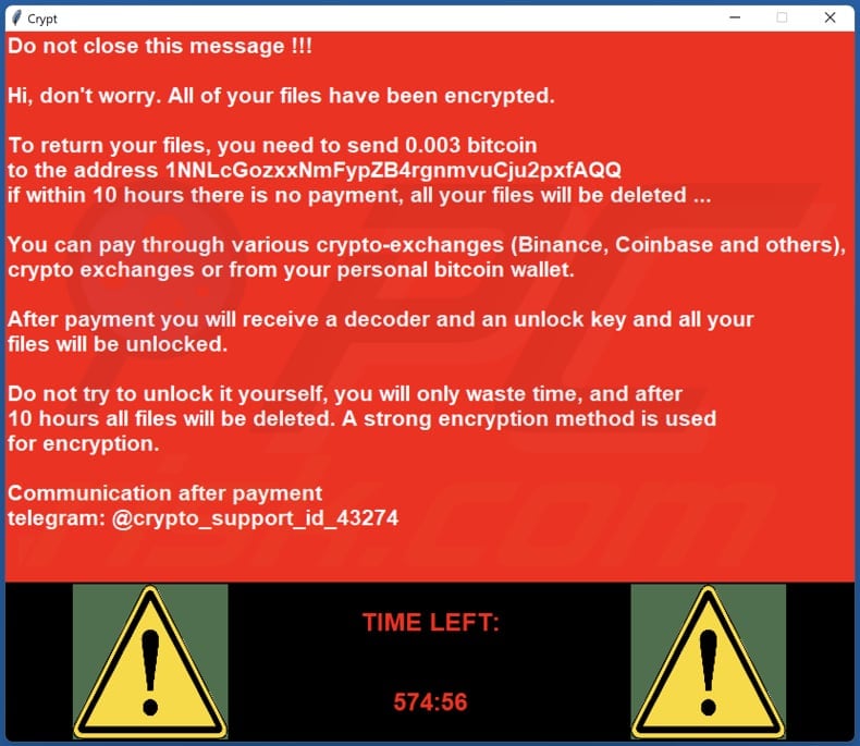 crypto support ransomware ransom note pop-up