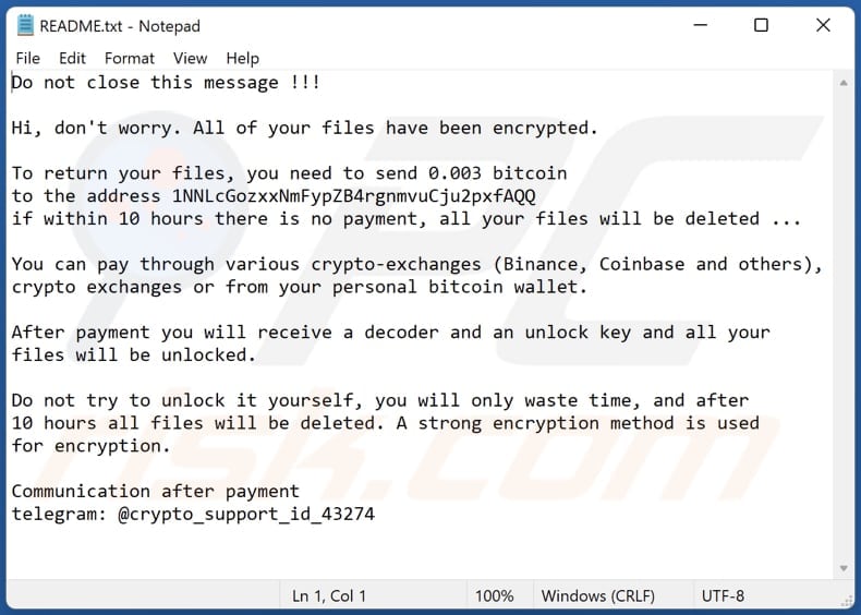 Crypto_Support ransomware text file (README.txt)