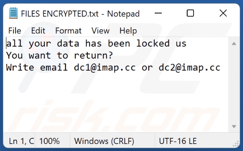 DC ransomware text file (FILES ENCRYPTED.txt)