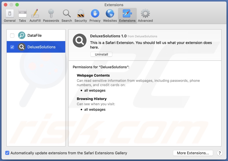 DeluxeSolutions adware installed onto Safari