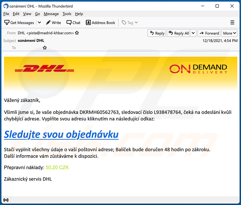 DHL-themed spam email (2021-12-20 - Czech variant)