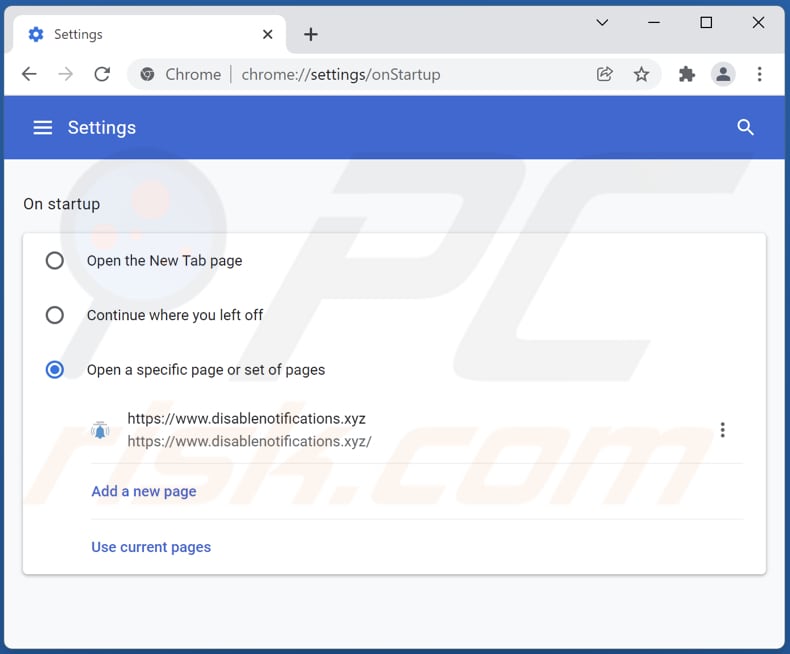 Removing disablenotifications.xyz from Google Chrome homepage