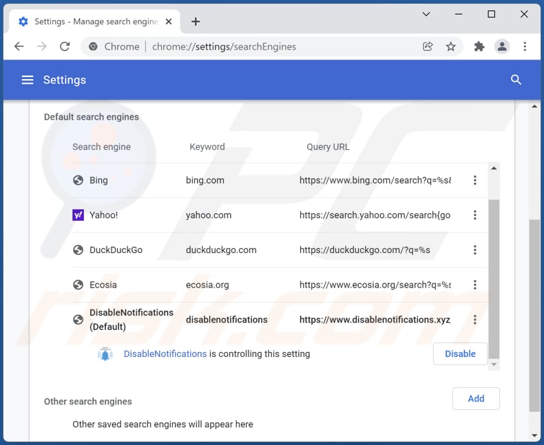 Removing disablenotifications.xyz from Google Chrome default search engine