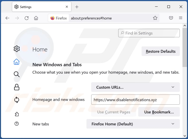 Removing disablenotifications.xyz from Mozilla Firefox homepage
