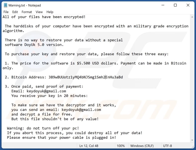 DoyUk 5.0 ransomware text file (Warning.txt)