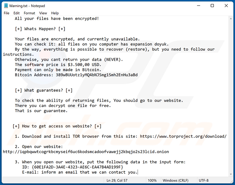 DoYuk ransomware note (Warning.txt)