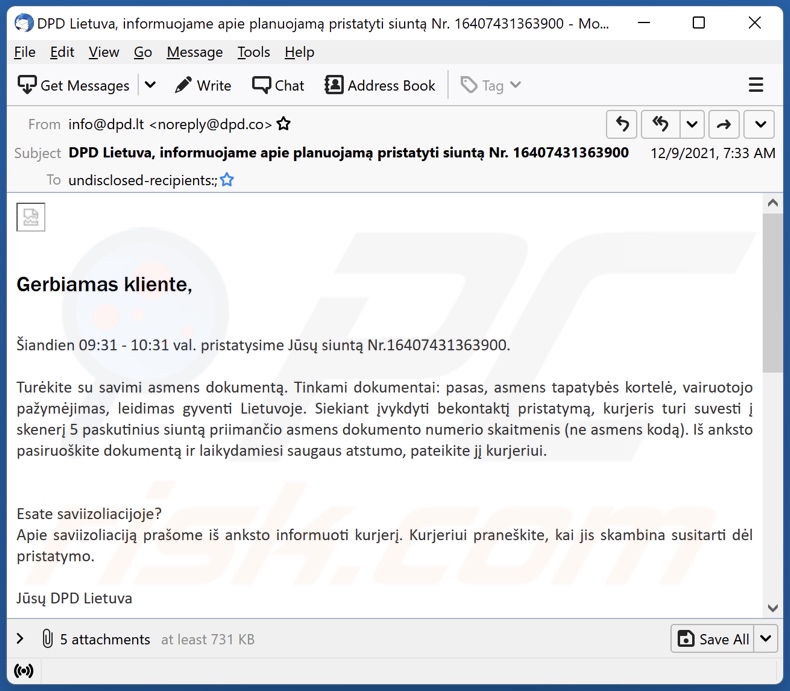 DPD Lietuva malware-spreading email spam campaign