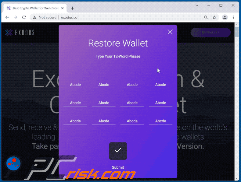 Appearance of Exodus Restore Wallet scam