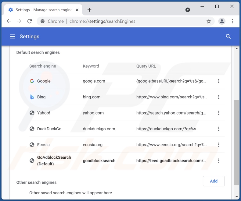 Removing goadblocksearch.com from Google Chrome default search engine