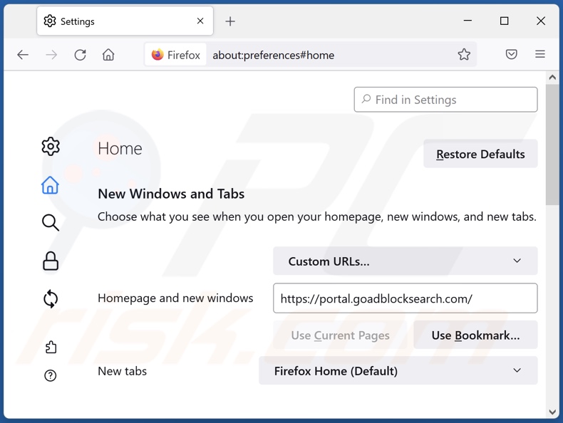 Removing goadblocksearch.com from Mozilla Firefox homepage