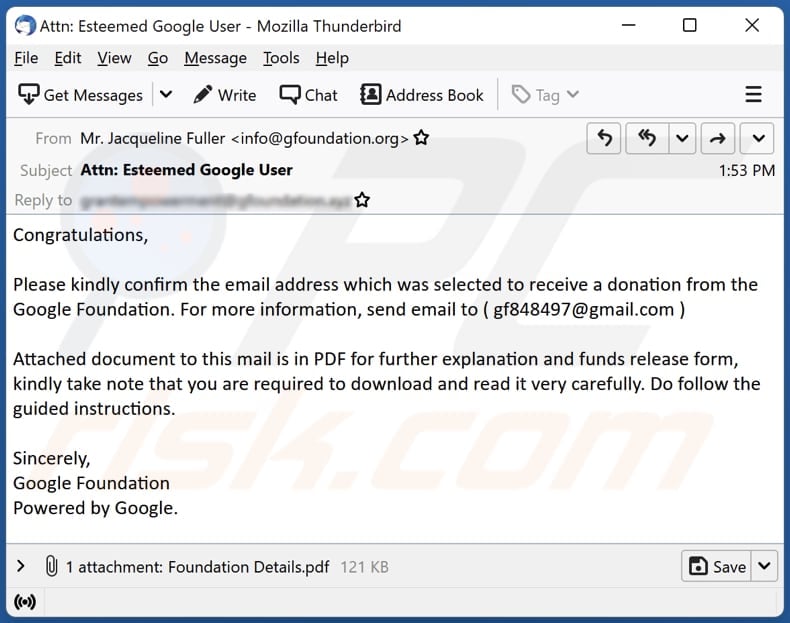 Google Foundation email scam email spam campaign