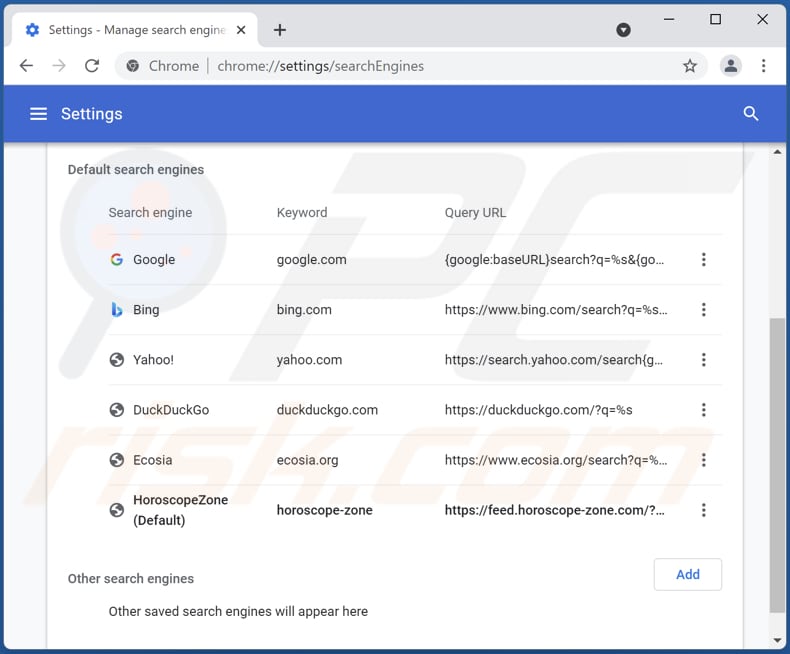 Removing horoscope-zone.com from Google Chrome default search engine