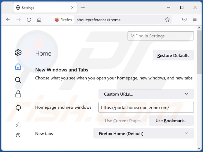 Removing horoscope-zone.com from Mozilla Firefox homepage