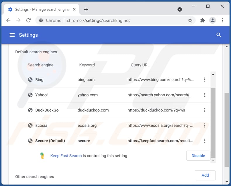 Removing keepfastsearch.com from Google Chrome default search engine