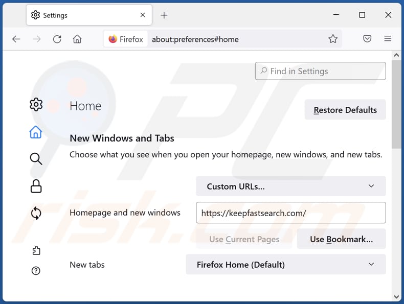Removing keepfastsearch.com from Mozilla Firefox homepage