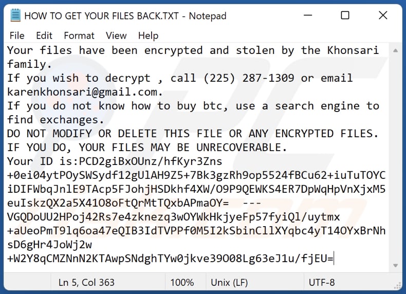 Khonsari ransomware text file (HOW TO GET YOUR FILES BACK.TXT)