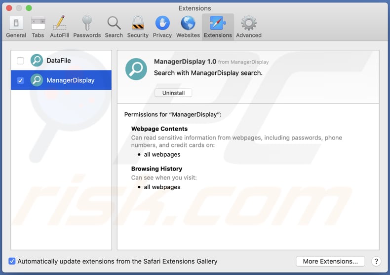 managerdisplay adware installed on safari
