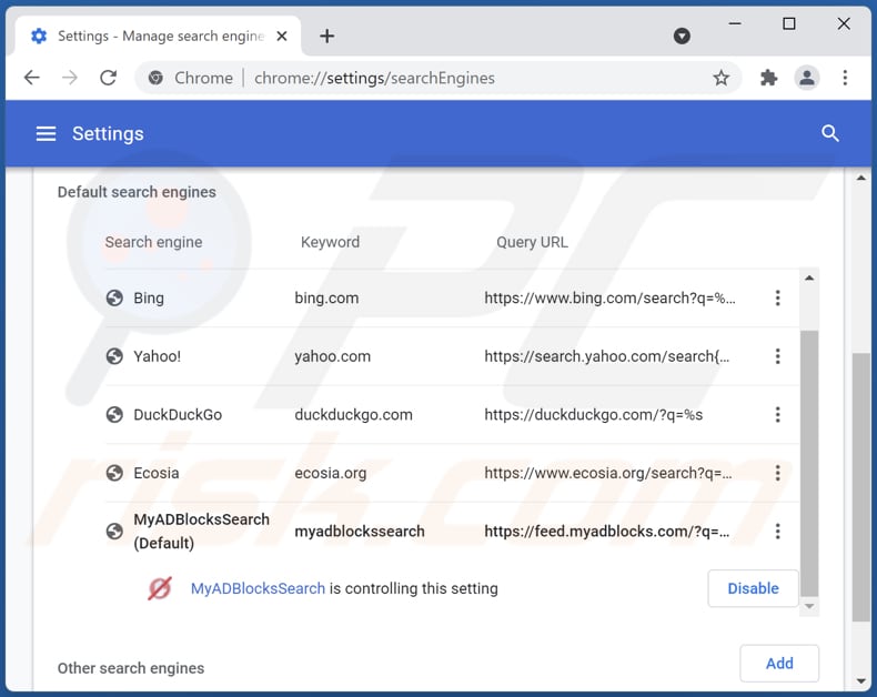 Removing myadblocks.com from Google Chrome default search engine