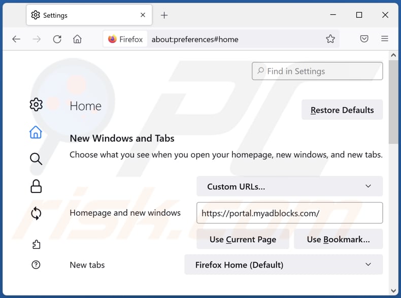 Removing myadblocks.com from Mozilla Firefox homepage