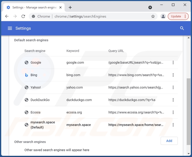 Removing mysearch.space from Google Chrome default search engine