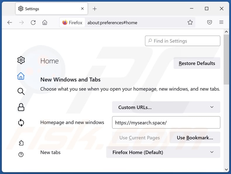Removing mysearch.space from Mozilla Firefox homepage