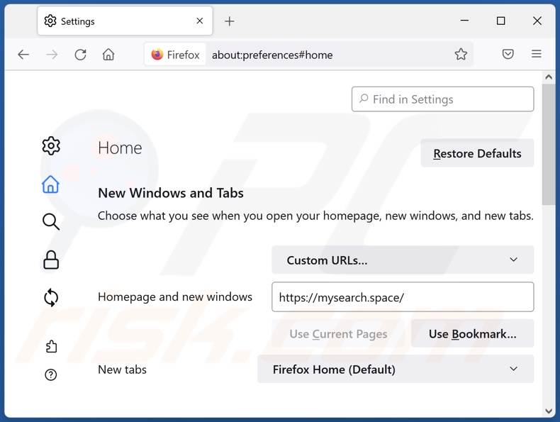 Removing mysearch.space from Mozilla Firefox homepage