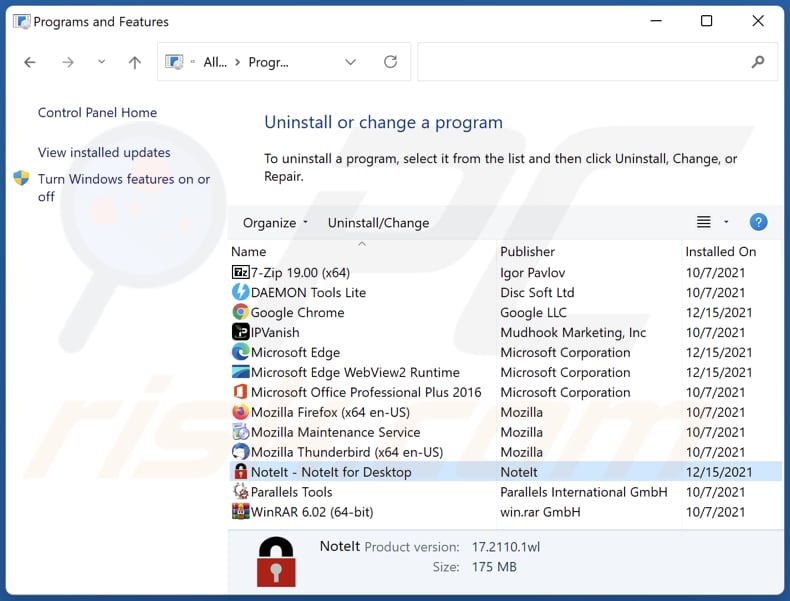 NoteIt adware uninstall via Control Panel