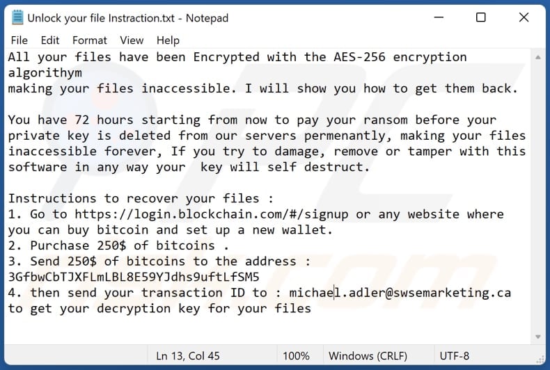 NoWay ransomware text file (Unlock your file Instraction.txt)