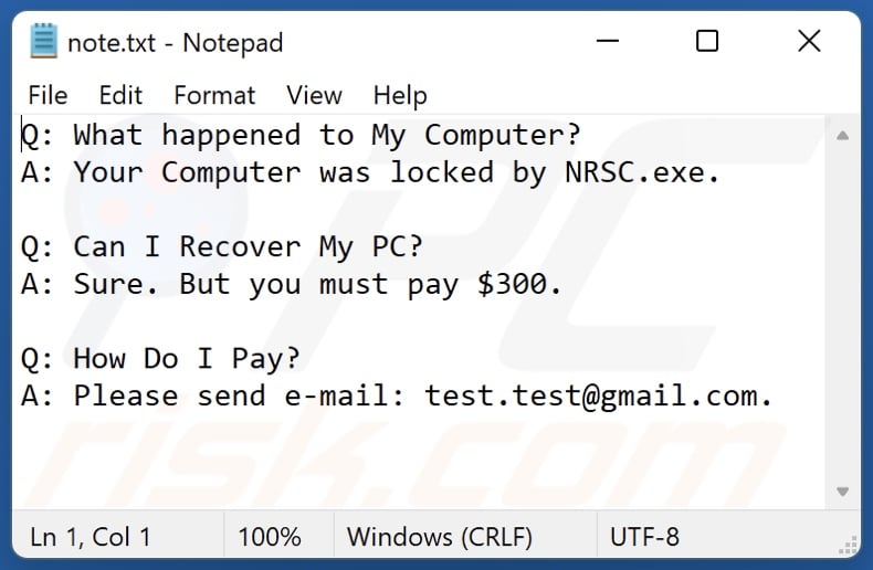 NRCL ransomware text file (Note.txt)