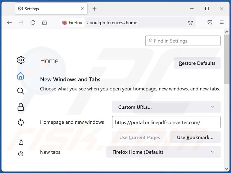 Removing onlinepdf-converter.com from Mozilla Firefox homepage
