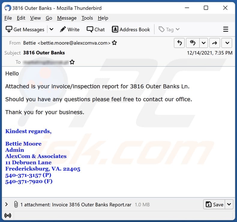 Outer Banks email virus malware-spreading email
