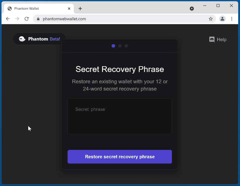 Appearance of Phantom Wallet Recovery scam (GIF)