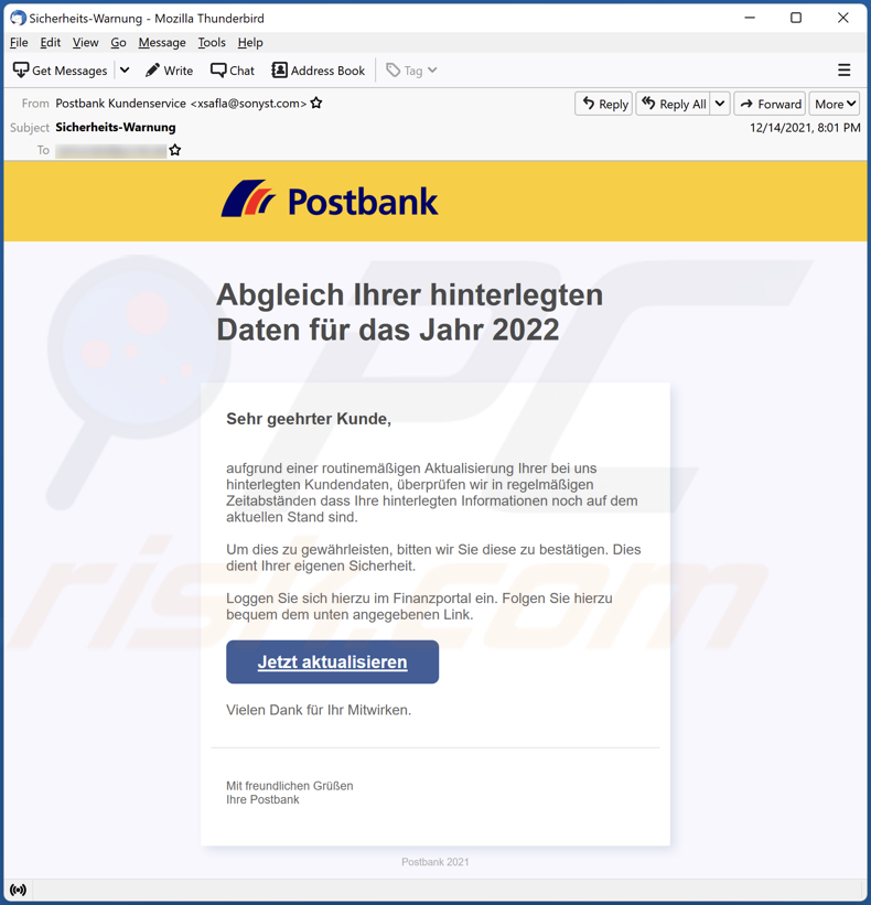 Postbank email scam email spam campaign