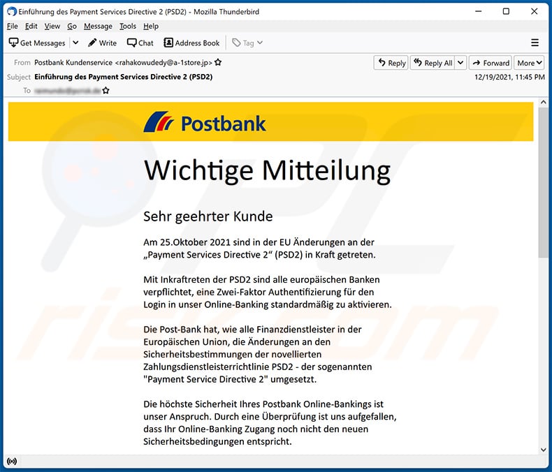 Postbank-themed spam email (2021-12-20)