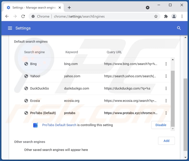 Removing protabs.xyz from Google Chrome default search engine