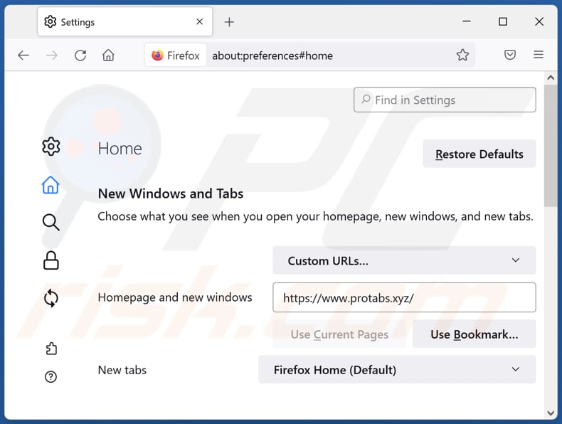 Removing protabs.xyz from Mozilla Firefox homepage
