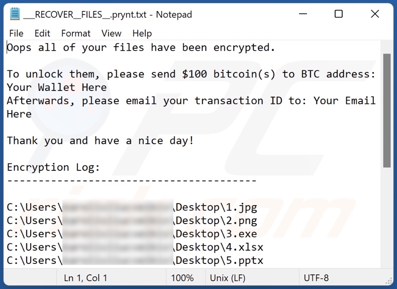Prynt Remote ransomware text file (___RECOVER__FILES__.prynt.txt)
