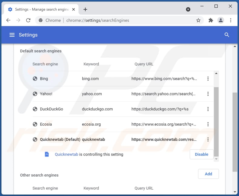 Removing quicknewtab.com from Google Chrome default search engine