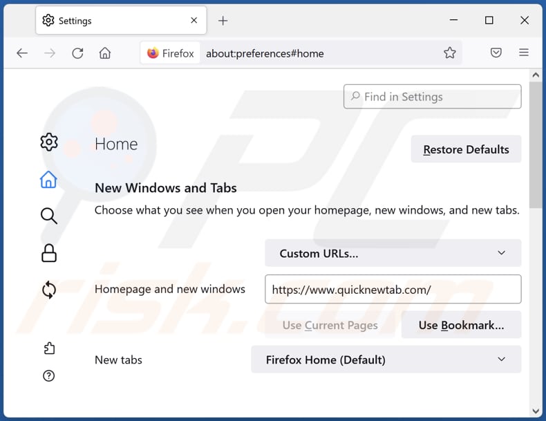 Removing quicknewtab.com from Mozilla Firefox homepage