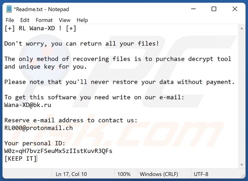RL Wana-XD ransomware text file (Readme.txt)