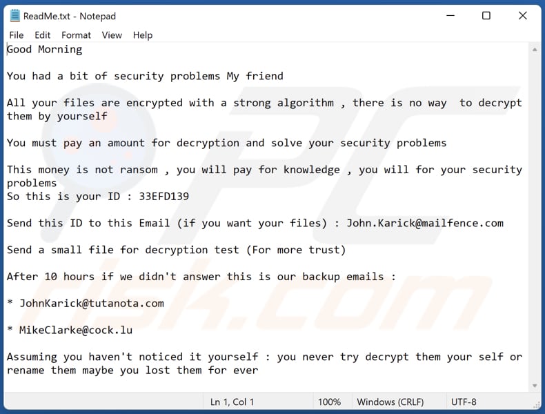RSFDD ransomware text file (ReadMe.txt)
